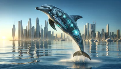 Foto op Canvas A cybernetic dolphin leaps out of the water against a futuristic city skyline background. © FantasyLand86