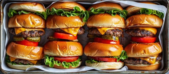 Cheeseburgers in Metal Tray with Lettuce and Tomato