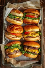 Cheeseburgers in Metal Tray with Lettuce and Tomato