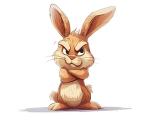 Expressive Cartoon Rabbit Expressing Frustrated Emotions with Crossed Arms and Puffed Cheeks on Isolated White Background - obrazy, fototapety, plakaty