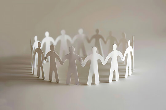 White paper figures of people standing in a circle, holding hands, on a neutral background