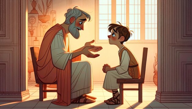 A whimsical, animated art style image showcasing a tender moment between Penelope and her son, Telemachus, in their home.