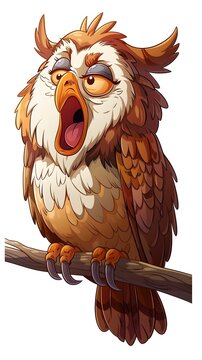 Adorable Sleepy Cartoon Owl Yawning and Perched on Tree Branch on White Background