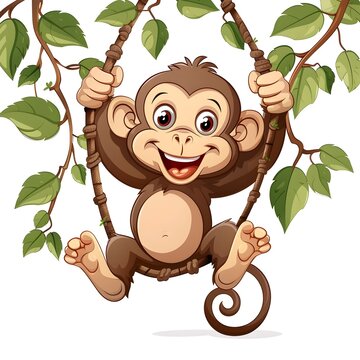 Joyful Cartoon Monkey Swinging Gleefully from Vine on Vibrant Green Foliage Background