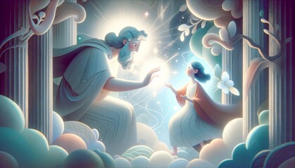 A whimsical, animated art style image depicting the moment Apollo, the Greek god, grants the gift of prophecy to Cassandra.
