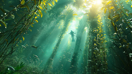 A 3D model showcasing a serene underwater kelp forest scene - obrazy, fototapety, plakaty