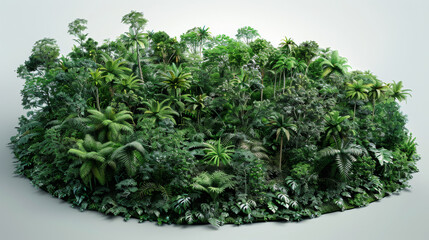 A 3D model showcasing an aerial view of a Southeast Asian rainforest canopy the layered density of the trees