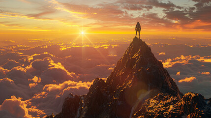 A 3D model showcasing the moment a solo climber silhouetted by the setting sun - obrazy, fototapety, plakaty