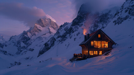 Fototapeta premium A cozy mountain hut at twilight light spilling from its windows onto the snow outside