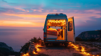 A 4x4 camper van parked on a cliff overlooking a breathtaking ocean sunset detailed interior...