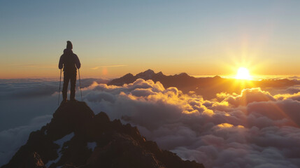 A hiker standing atop a mountain summit at sunrise the panoramic view showing a sea of clouds below and distant peaks aglow with the first light