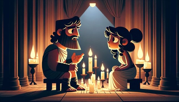 A whimsical animated art style depiction of Priam and his wife, Hecuba, in a secretive, candle-lit chamber, discussing the fate of Troy.