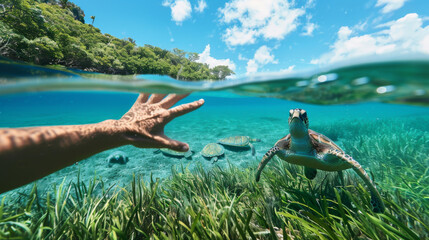 First-person perspective of snorkeling in a secluded lagoon hands reaching out towards gentle sea turtles grazing on seagrass