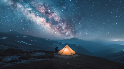 Minimalist camping setup on a high mountain plateau a sleek - obrazy, fototapety, plakaty