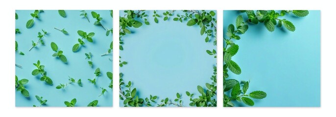 Fresh mint leaves and branches on a blue background. Social media advertising post templates for cosmetics, medicine, food or beverage, sale, offer  - obrazy, fototapety, plakaty