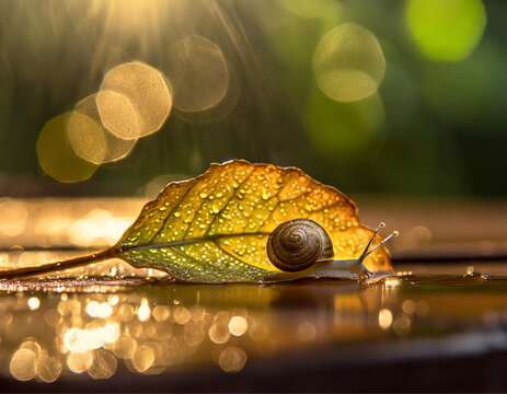 Um pequeno caramujo caminhando sobre uma folha velha e molhada, com gotas de orvalho, com brilhos em bokeh ao fundo.