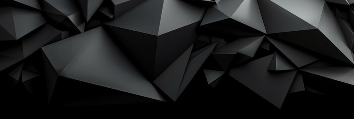 Black abstract background with low poly geometric shapes, dark monochrome wallpaper for design , black Geometric shapes ,banner