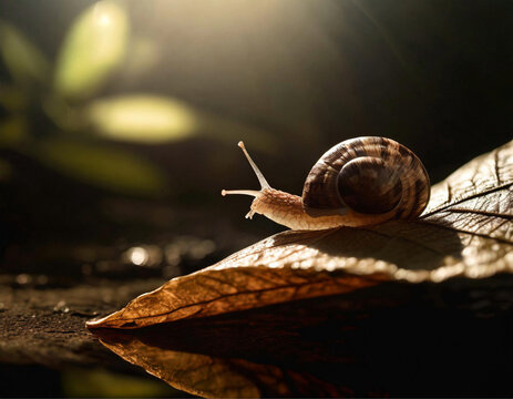 Um pequeno caramujo caminhando sobre uma folha velha, sobre superf&iacute;cie reluzente, em contraluz.