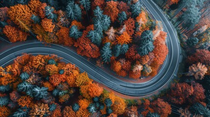 An aerial view of a winding road through a colorful autumn forest. The road is surrounded by trees with red, orange, yellow, and green leaves. - Powered by Adobe
