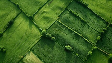 An aerial view of a patchwork of green fields, with trees and hedgerows.