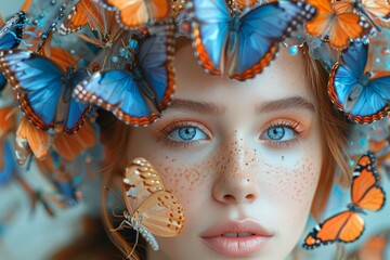 Human mind with flowers and butterflies growing positive thinking, creative mind, self care and mental health concept. Generative AI.