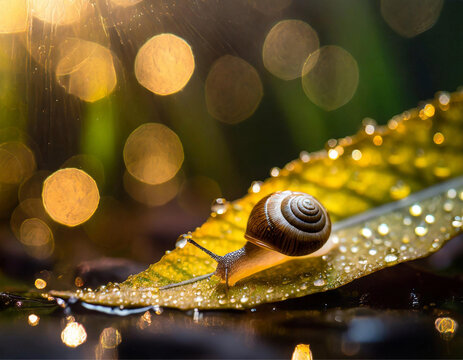 Um pequeno caramujo caminhando sobre uma folha molhada, com gotas de orvalho, com luzes em bokeh ao fundo.