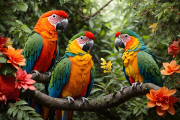 Fototapeta premium A group of colorful parrots in a forest