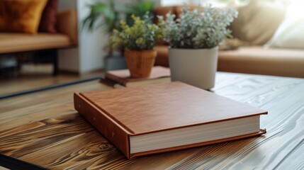 A leather-bound book sits on a wooden table. The book is closed and the spine is facing the camera.