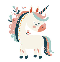 Obraz na płótnie Canvas A happy and colorful Unicorn. Shy and cute illustrated unicorn with pink, aqua, and grey colors.