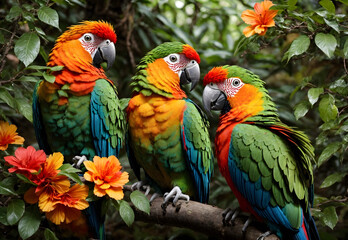 Obraz premium A group of colorful parrots in a forest