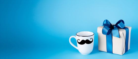 A white coffee cup with black moustaches next to the gift box
