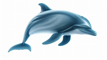 A bottlenose dolphin isolated on a white background. The dolphin is facing the left of the viewer. It has a light blue body and a white belly.