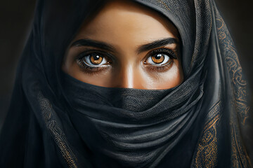 Arab girl in a niqab, khimara.  - obrazy, fototapety, plakaty