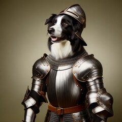 Fototapeta premium A border collie dog dressed in medieval knight's armor, looking gallant and brave.