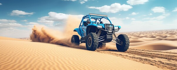 A man riding a quad bike across the hot arid desert.