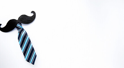 Black mustache and blue striped tie on white background, copy space.