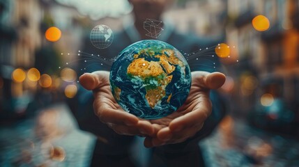 Fototapeta premium A corporate social responsibility concept with a business man holding an earth globe, with a digital icon. Generative AI.