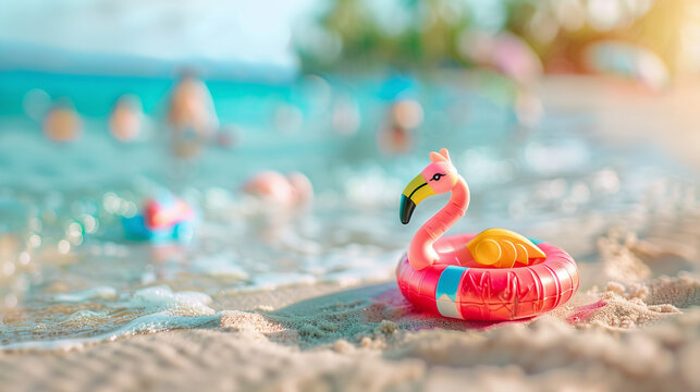 macro view of mini toy inflatable flamingo in the sea, summertime fun concept, caribbean vibes, kids toys fun