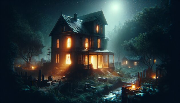 A detailed image showcasing a medium shot of an abandoned house at night.