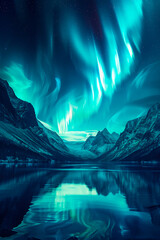 Turquoise aurora borealis reflects in water.