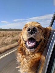 dog's head leaning outside of the car window. ai generated