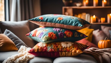colorful cushions throw cozy home autumn mood flower
