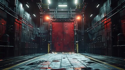 A massive elevator door with red siren above. Inside massive, dark, underground mech hangar. Generative AI.