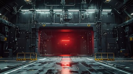 A massive elevator door with red siren above. Inside massive, dark, underground mech hangar. Generative AI. - obrazy, fototapety, plakaty