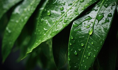 Beautiful green leaves in the damp morning with natural lighting, close up. - obrazy, fototapety, plakaty