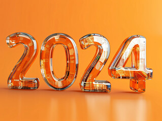 2024 cartoon design icon made of 3D translucent glass PVC.