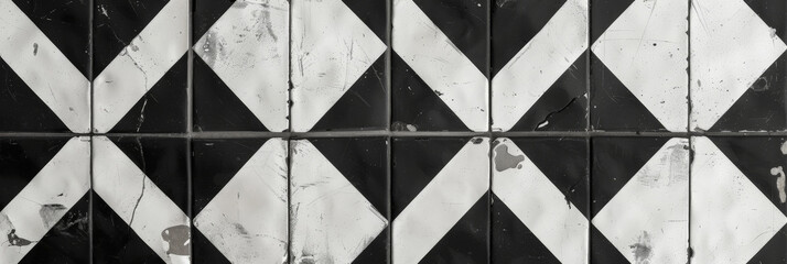 A black and white diamond pattern of rectangular mosaic tiles background banner