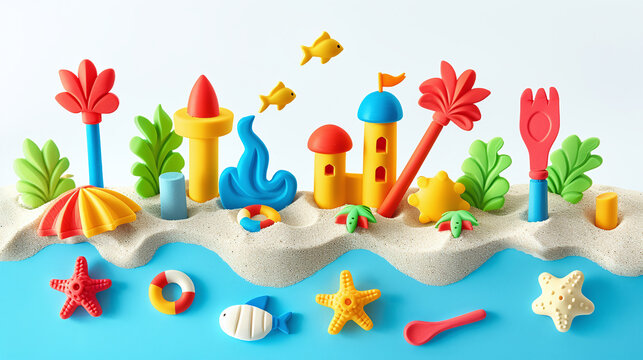 minimalist flat lay view of colorful rubber beach toys, sand castles, on light white background, fun summertime for kids