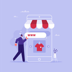 E-commerce or online store concept, adding online store, placement of online shop domain address, storefront creation on the screen of a mobile device