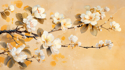 Branch with white flowers on beige textured background. Japanese painting.